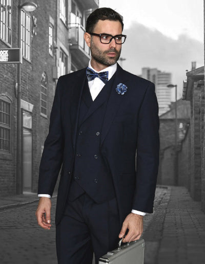 Mens 2 Button Classic Fit Pleated Pant Suit with Double Breasted Vest in Navy Blue by Statement