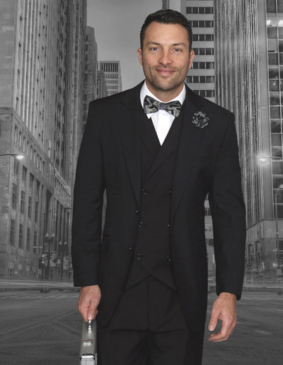 Mens 2 Button Classic Fit Pleated Pant Suit with Double Breasted Vest in Black by Statement