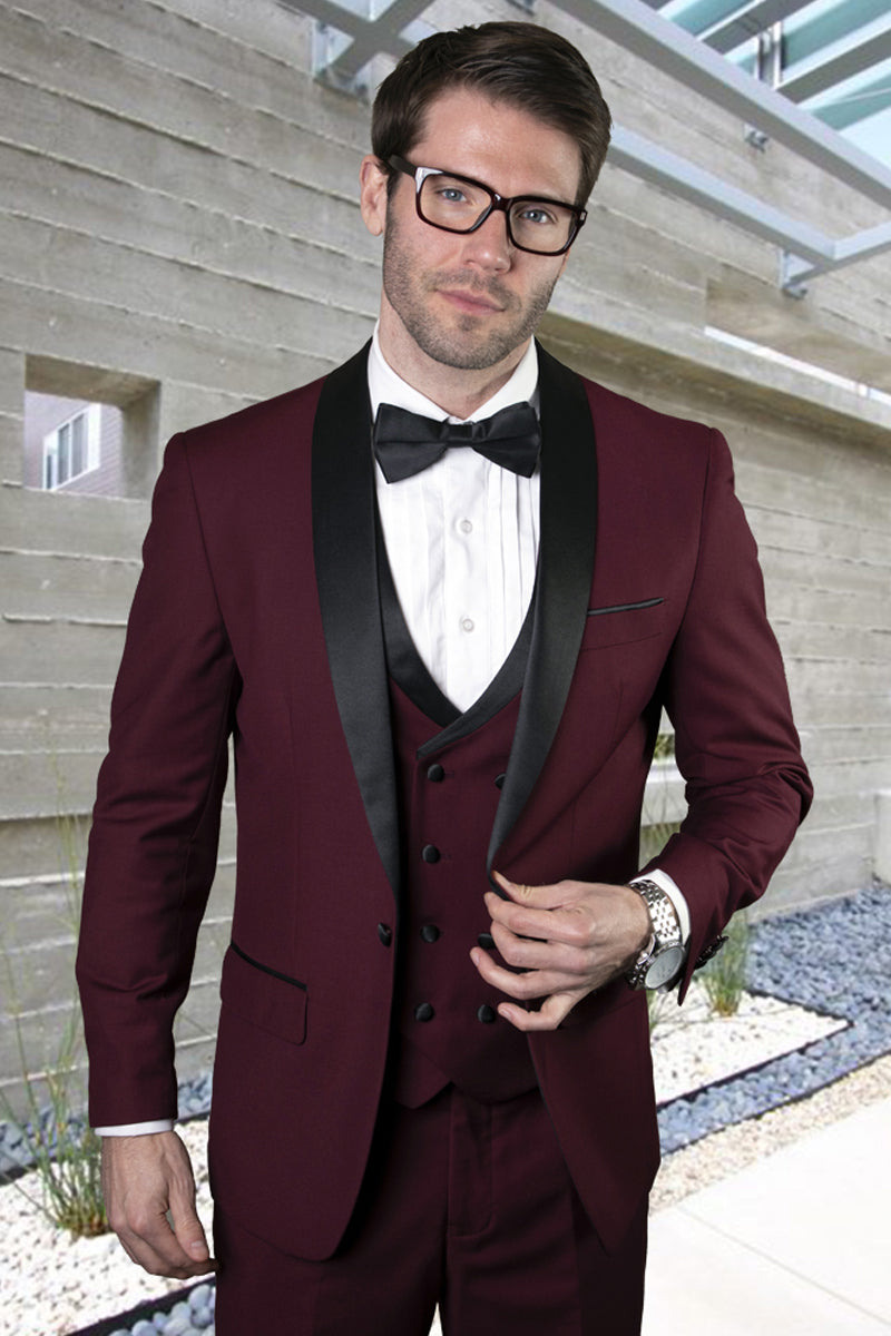 Men's Burgundy Wool Shawl Tuxedo with Double Breasted Vest