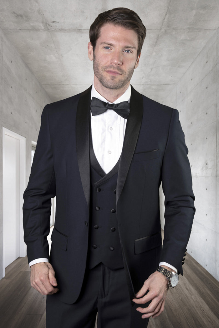 Men's Navy Wool Shawl Tuxedo with Double Breasted Vest