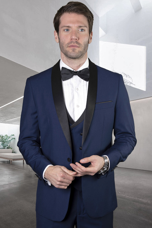 Men's Sapphire Blue Wool Tuxedo with Double Vest