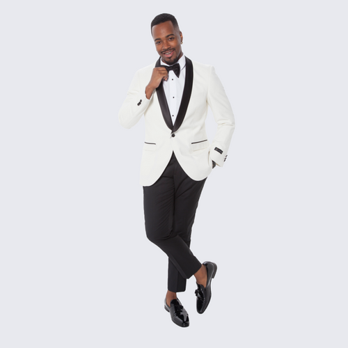 Ivory Tuxedo Jacket with Black Satin Shawl Lapel – Slim Fit