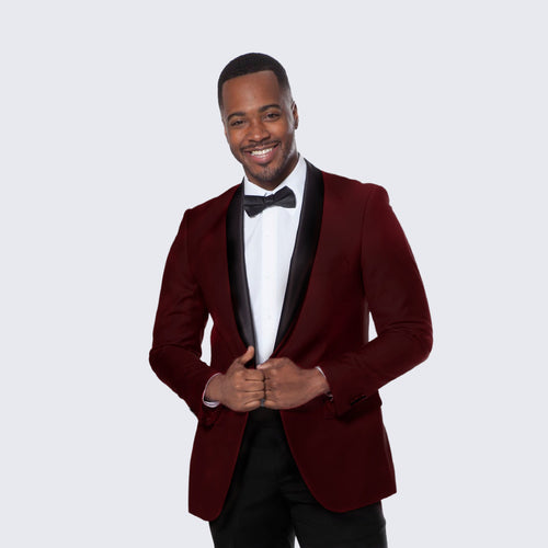 Burgundy Tuxedo Jacket, Black Satin Shawl Lapel – Slim Fit