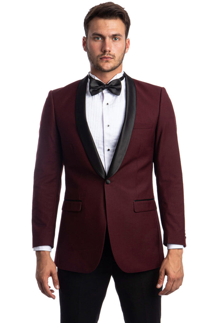 Men's One Button Shawl Lapel Dinner Jacket in Burgundy & Black by Tazzio