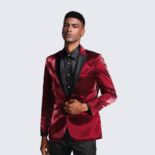Burgundy Shiny Slim Fit Tuxedo Jacket with Peak Lapel – Wedding & Prom