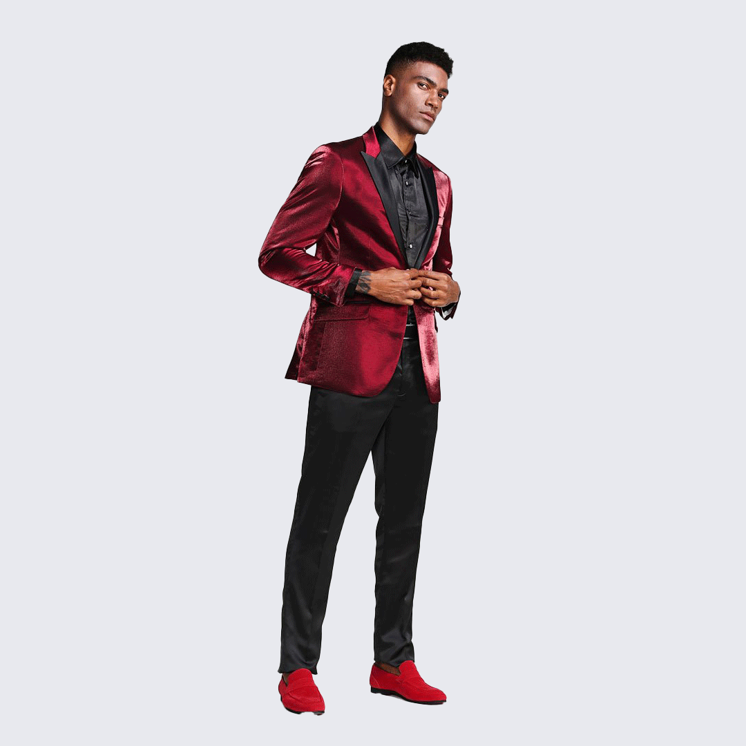 Burgundy Shiny Slim Fit Tuxedo Jacket with Peak Lapel – Wedding & Prom