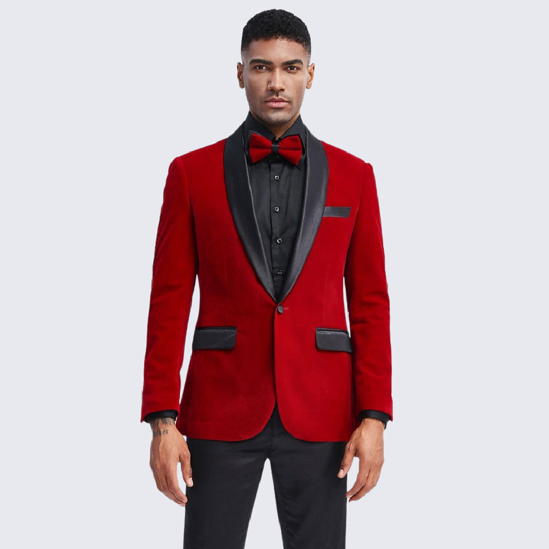 Red Velvet Tuxedo Jacket with Shawl Lapel – Slim Fit