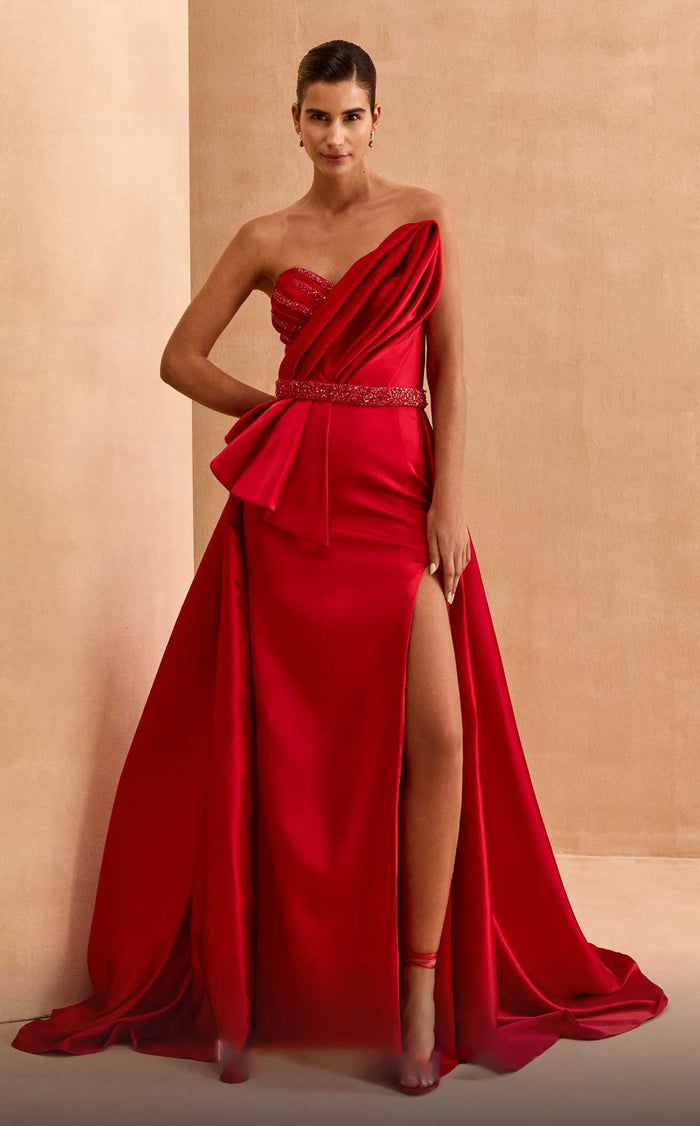 MNM Couture V07353 Strapless Green Draped Gown with Slit