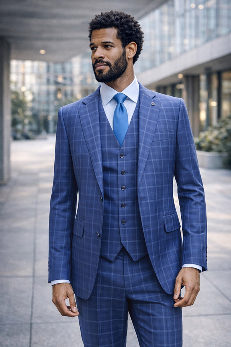 Statement Men's Plaid Tailored Fit 3 Piece Blue Designer Suit Modena