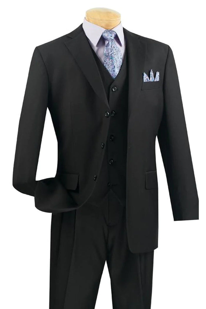 Mens 3 Button Classic Fit Vested Basic Suit in Black by Fortino Landiin