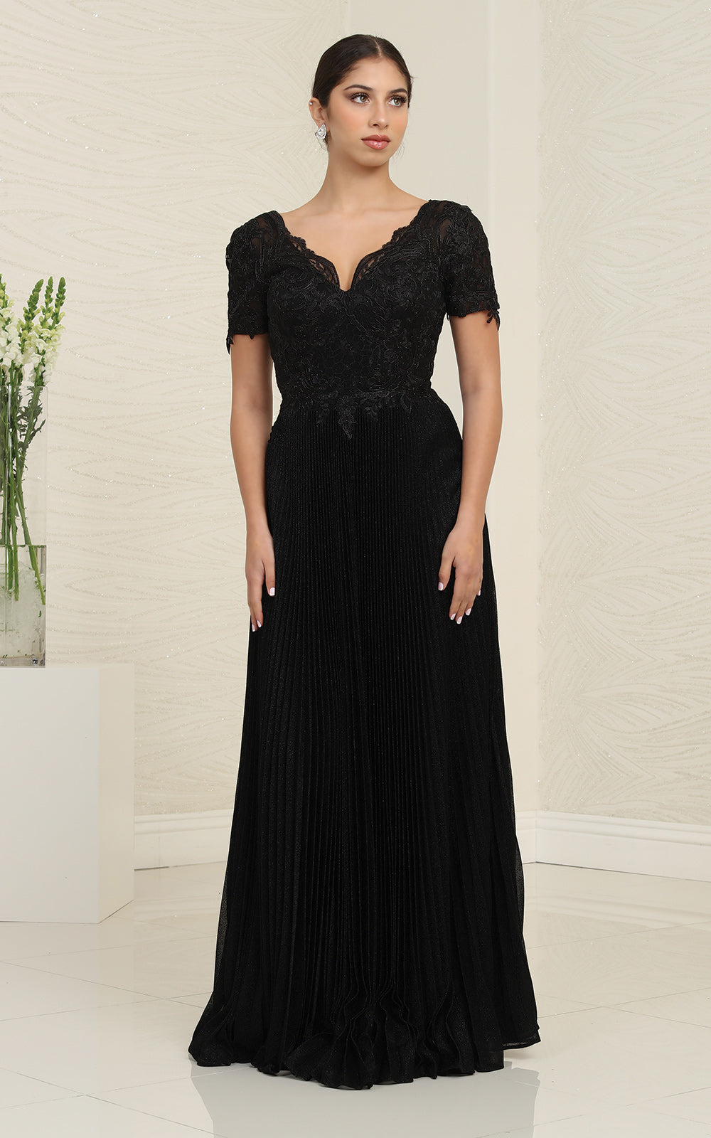 May Queen MQ1902 Short Sleeve Pleated Formal Dress