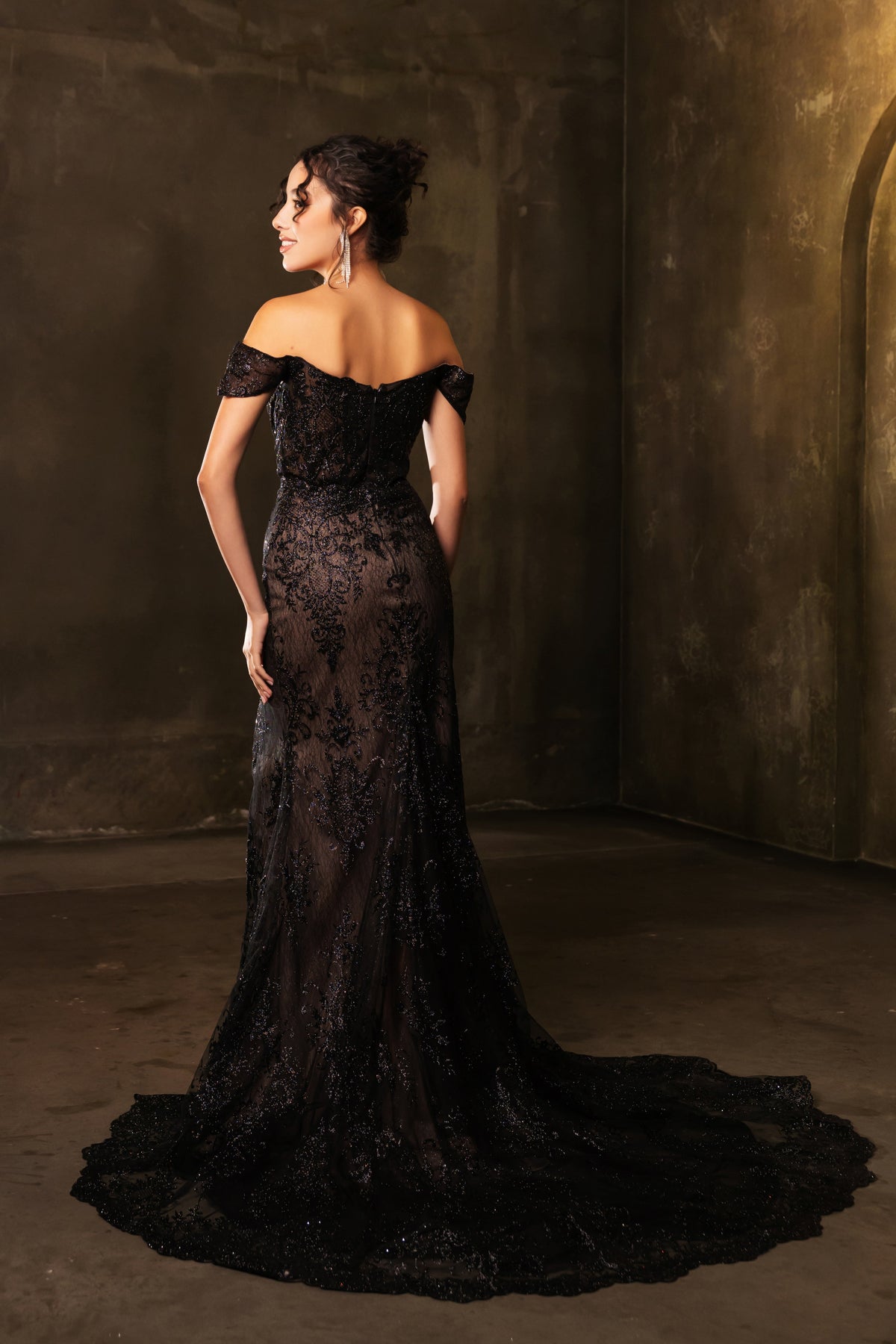 May Queen MQ2158 Off-Shoulder Glitter Gown with High Slit Formal Prom & Red-Carpet Dress-New Collection