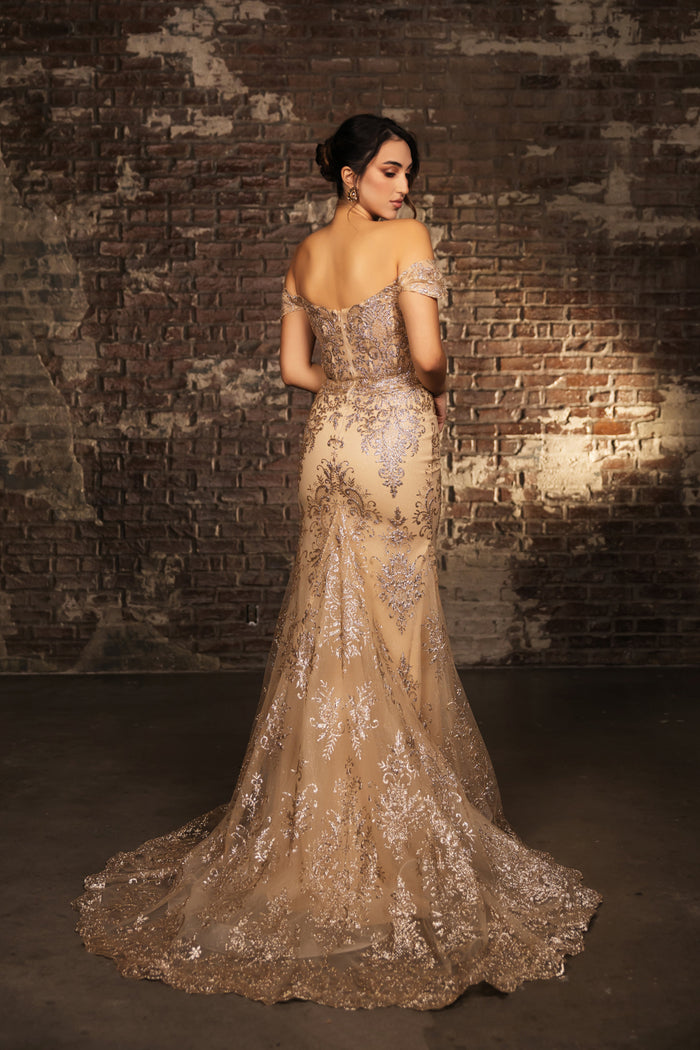 May Queen MQ2158 Off-Shoulder Glitter Gown with High Slit Formal Prom & Red-Carpet Dress-New Collection