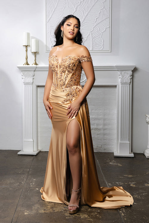 Off-Shoulder Sequin Applique Satin Evening Gown Formal Prom Dress By May Queen MQ2179