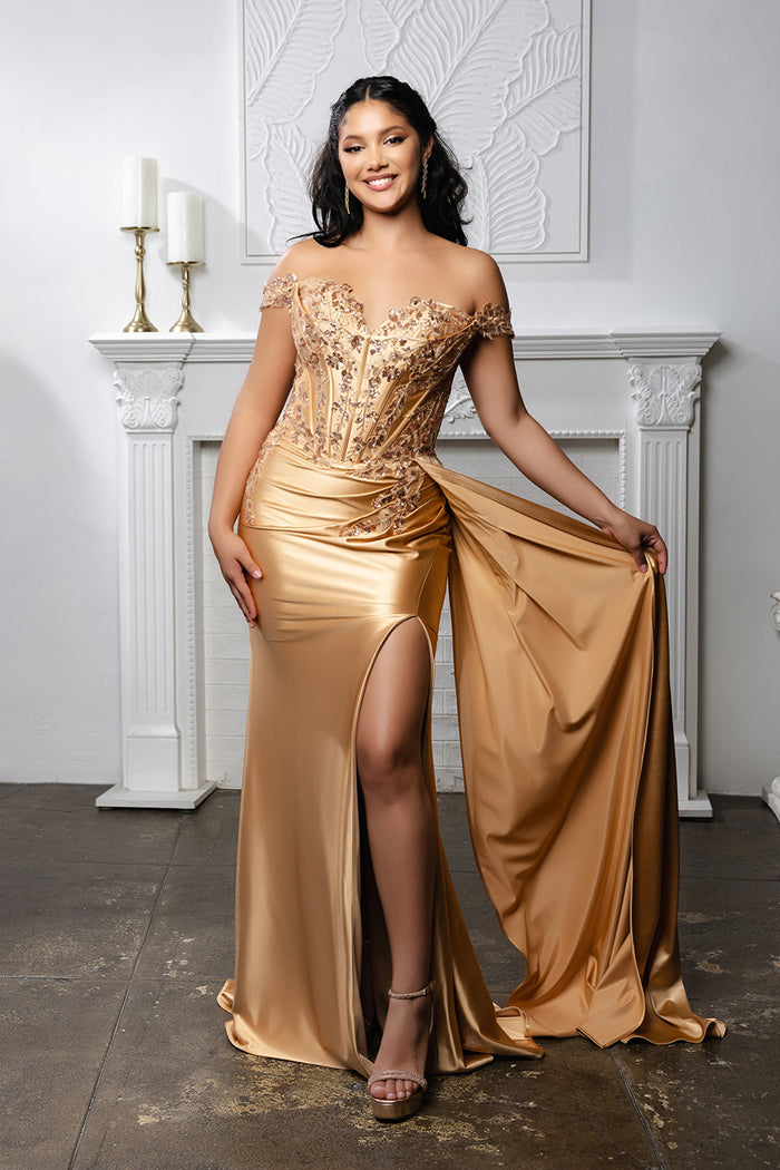 Off-Shoulder Sequin Applique Satin Evening Gown Formal Prom Dress By May Queen MQ2179
