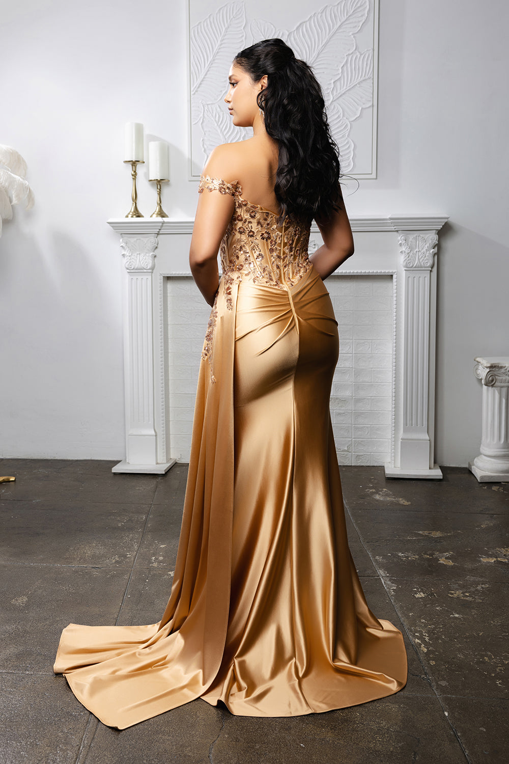 Off-Shoulder Sequin Applique Satin Evening Gown Formal Prom Dress By May Queen MQ2179