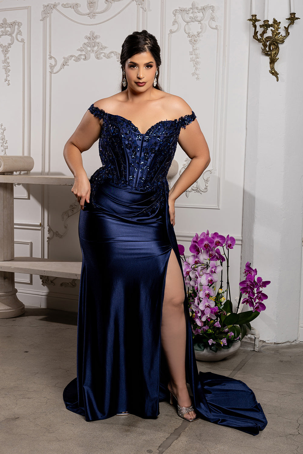 Off-Shoulder Sequin Applique Satin Evening Gown Formal Prom Dress By May Queen MQ2179