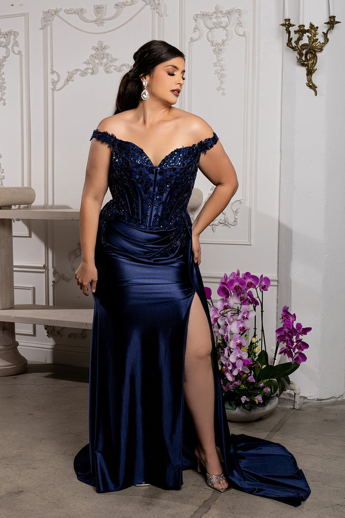 Off-Shoulder Sequin Applique Satin Evening Gown Formal Prom Dress By May Queen MQ2179