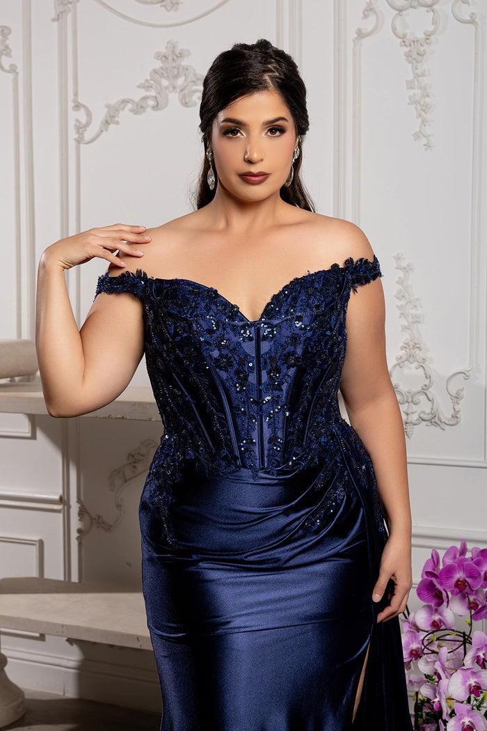 Off-Shoulder Sequin Applique Satin Evening Gown Formal Prom Dress By May Queen MQ2179