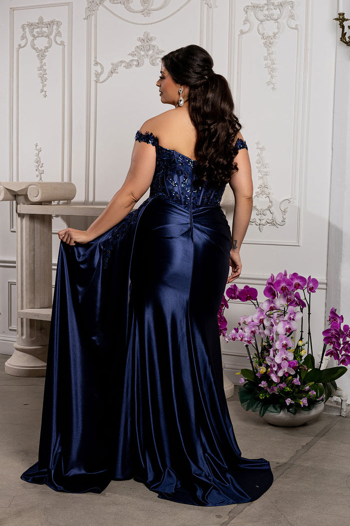 Off-Shoulder Sequin Applique Satin Evening Gown Formal Prom Dress By May Queen MQ2179