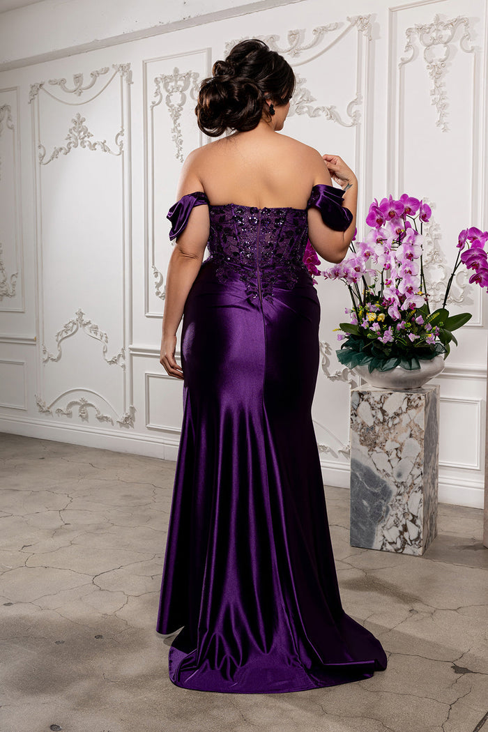 Plus Size Mermaid Evening Gown with Beaded Corset Bodice & High Slit by May Queen MQ2181B