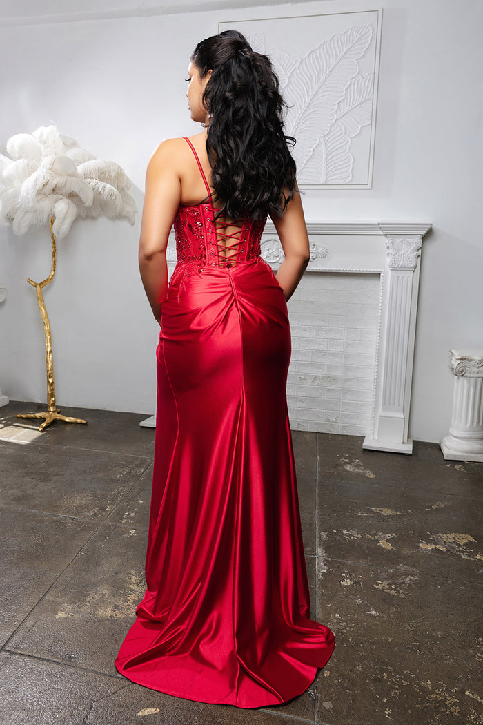 Elegant Embroidered Satin Prom Dress with High Slit & Corset Back By May Queen MQ2183