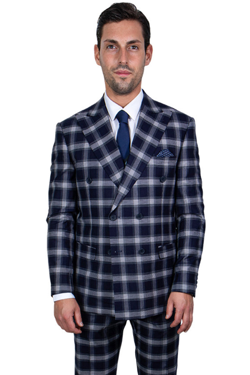 Bold Navy Men's Stacy Adams Double-Breasted Suit in Windowpane Plaid
