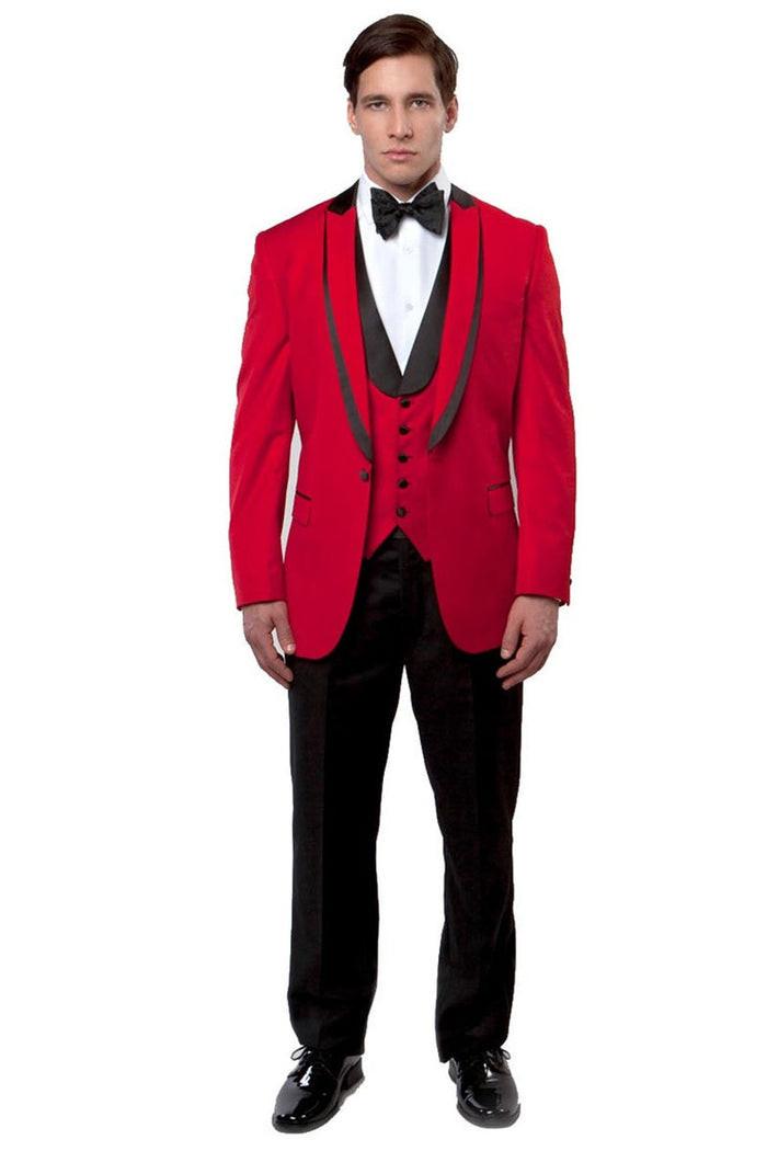 Men's One Button Satin Trimmed Peak Lapel Vested Fancy Tuxedo In Red by USA Men's Outlet