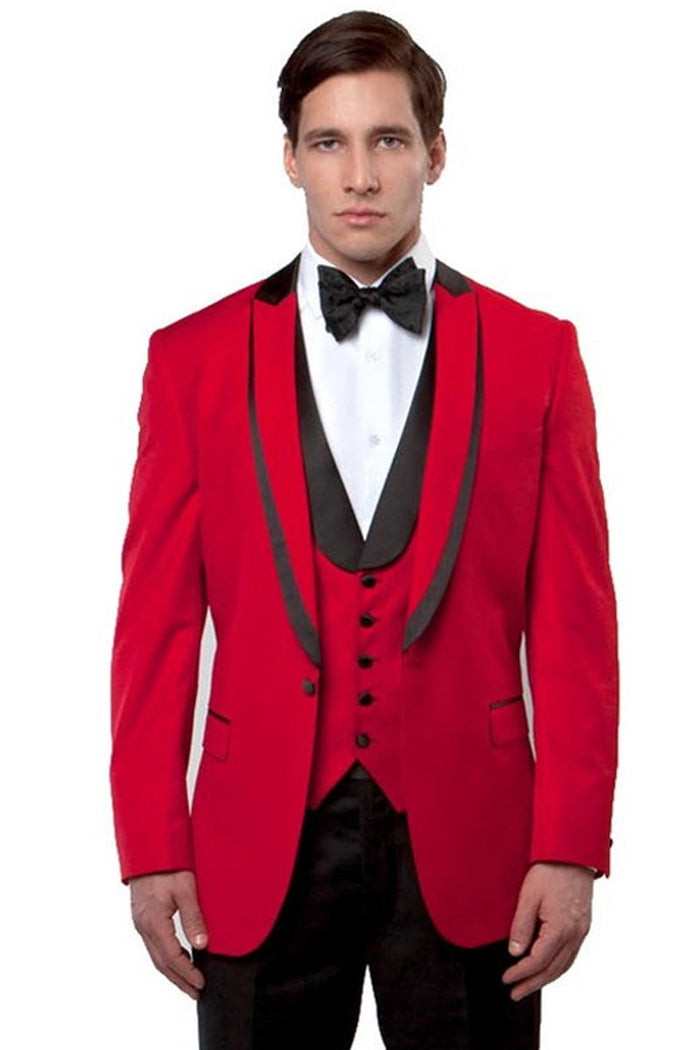 Men's One Button Satin Trimmed Peak Lapel Vested Fancy Tuxedo In Red by USA Men's Outlet