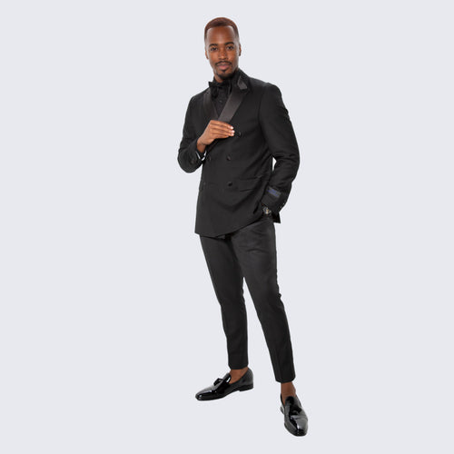 Black Double Breasted Slim Fit Tuxedo Peak Lapel - Wedding - Prom