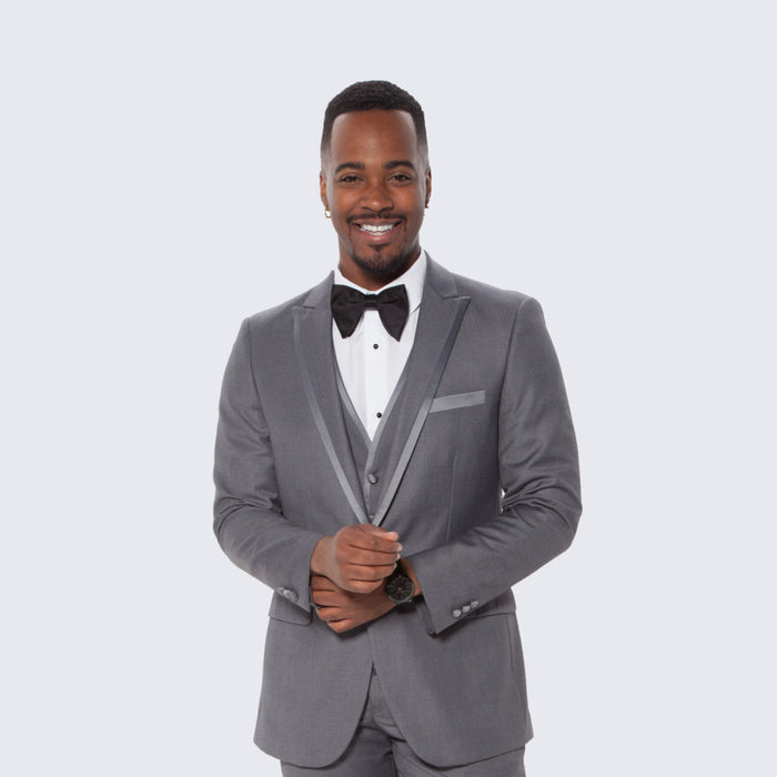 Mid Grey Textured Tuxedo Three Piece Set with Satin Trim - Wedding - Prom