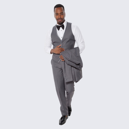Mid Grey Textured Tuxedo Three Piece Set with Satin Trim - Wedding - Prom