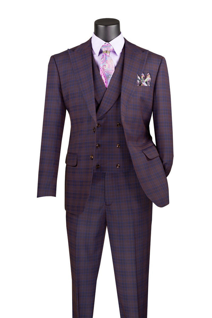 Tan Modern Fit Glen Plaid 2 Button Peak Lapel 3 Piece Suit by Vinci