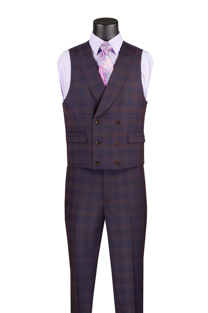 Tan Modern Fit Glen Plaid 2 Button Peak Lapel 3 Piece Suit by Vinci