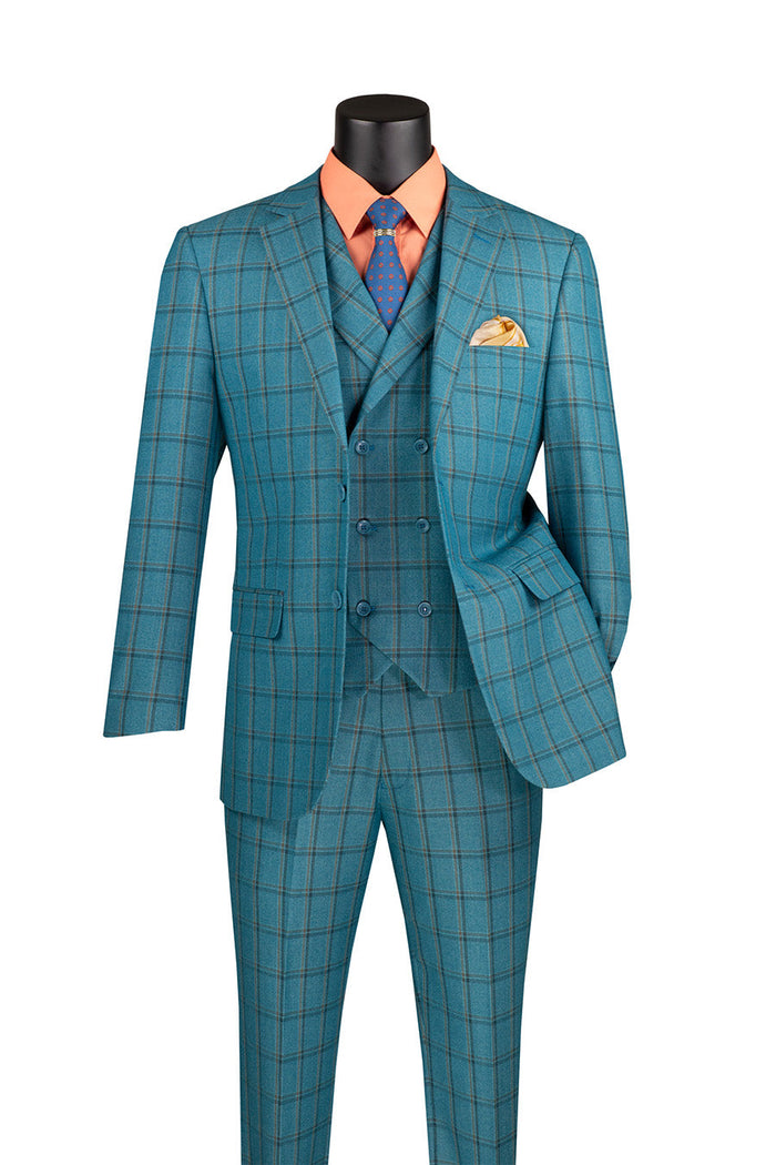 Khaki Modern Fit Windowpane Peak Lapel 3 Piece Suit by Vinci