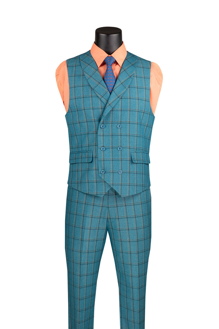Khaki Modern Fit Windowpane Peak Lapel 3 Piece Suit by Vinci