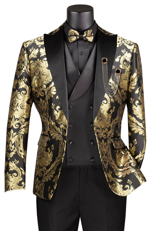 Men's Shiny Paisley Jacquard Vested Tuxedo in Black & Gold