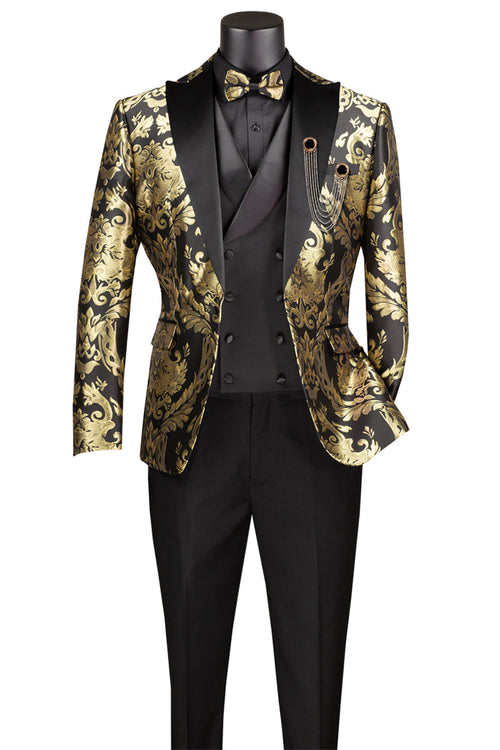 Men's Shiny Paisley Jacquard Vested Tuxedo in Black & Gold