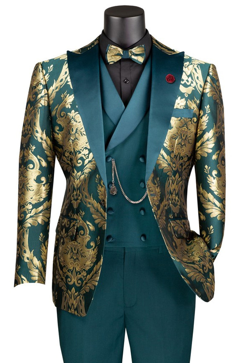 Men's Shiny Emerald Paisley Jacquard Vested Tuxedo