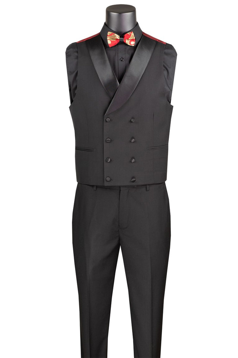 Men's Shiny Paisley Jacquard Vested Tuxedo in Red & Gold