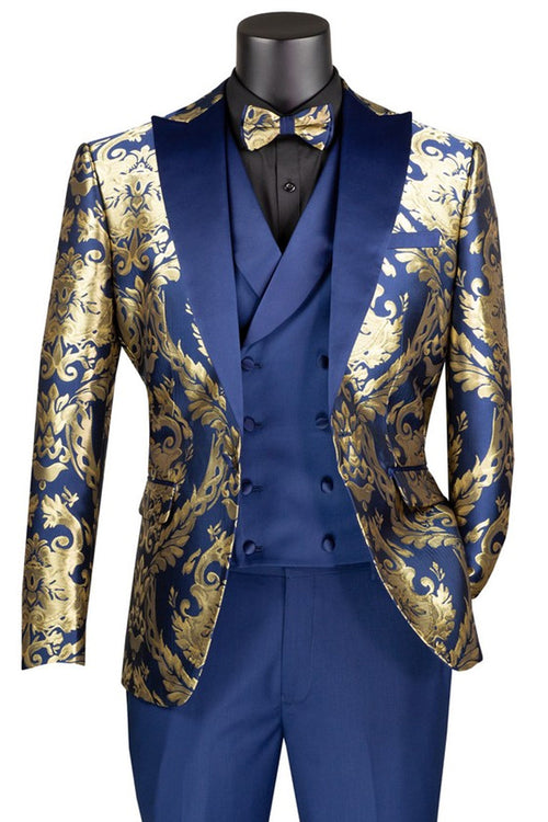 Men's Shiny Paisley Jacquard Vested Tuxedo in Navy Blue & Gold