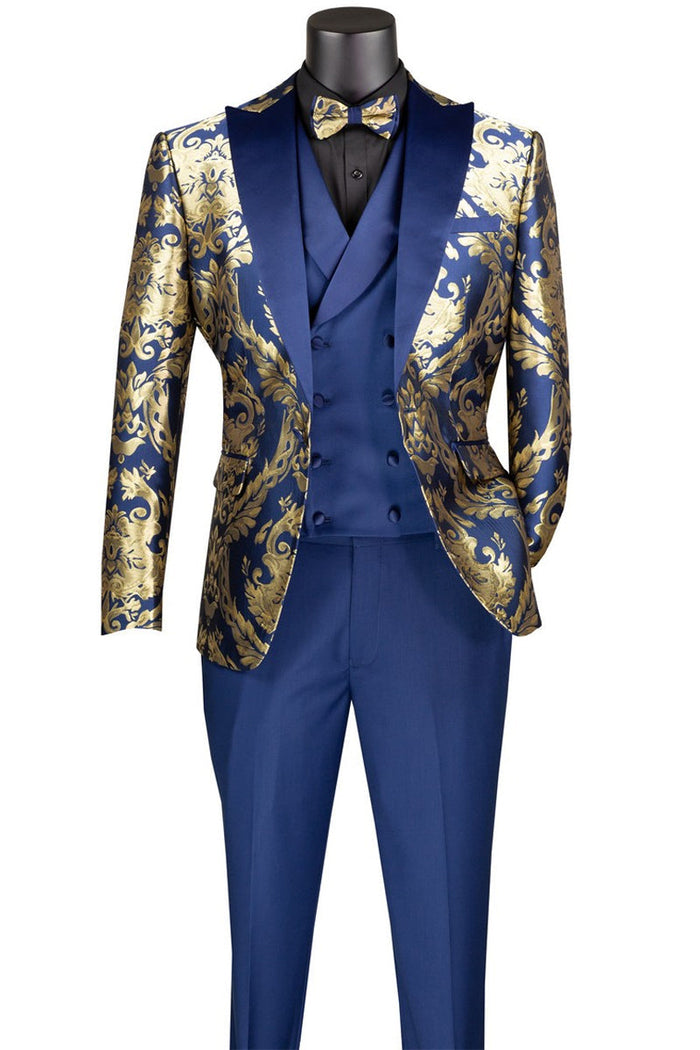 Men's Shiny Paisley Jacquard Vested Tuxedo in Navy Blue & Gold