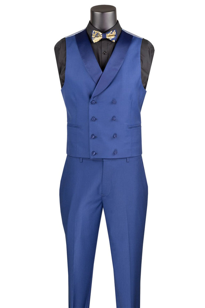 Men's Shiny Paisley Jacquard Vested Tuxedo in Navy Blue & Gold