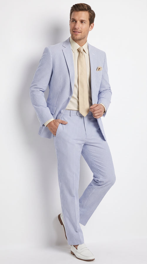 Men’s Navy Blue Pinstripe Seersucker 2 Piece Summer Suit, Lightweight Wedding and Beach Suit
