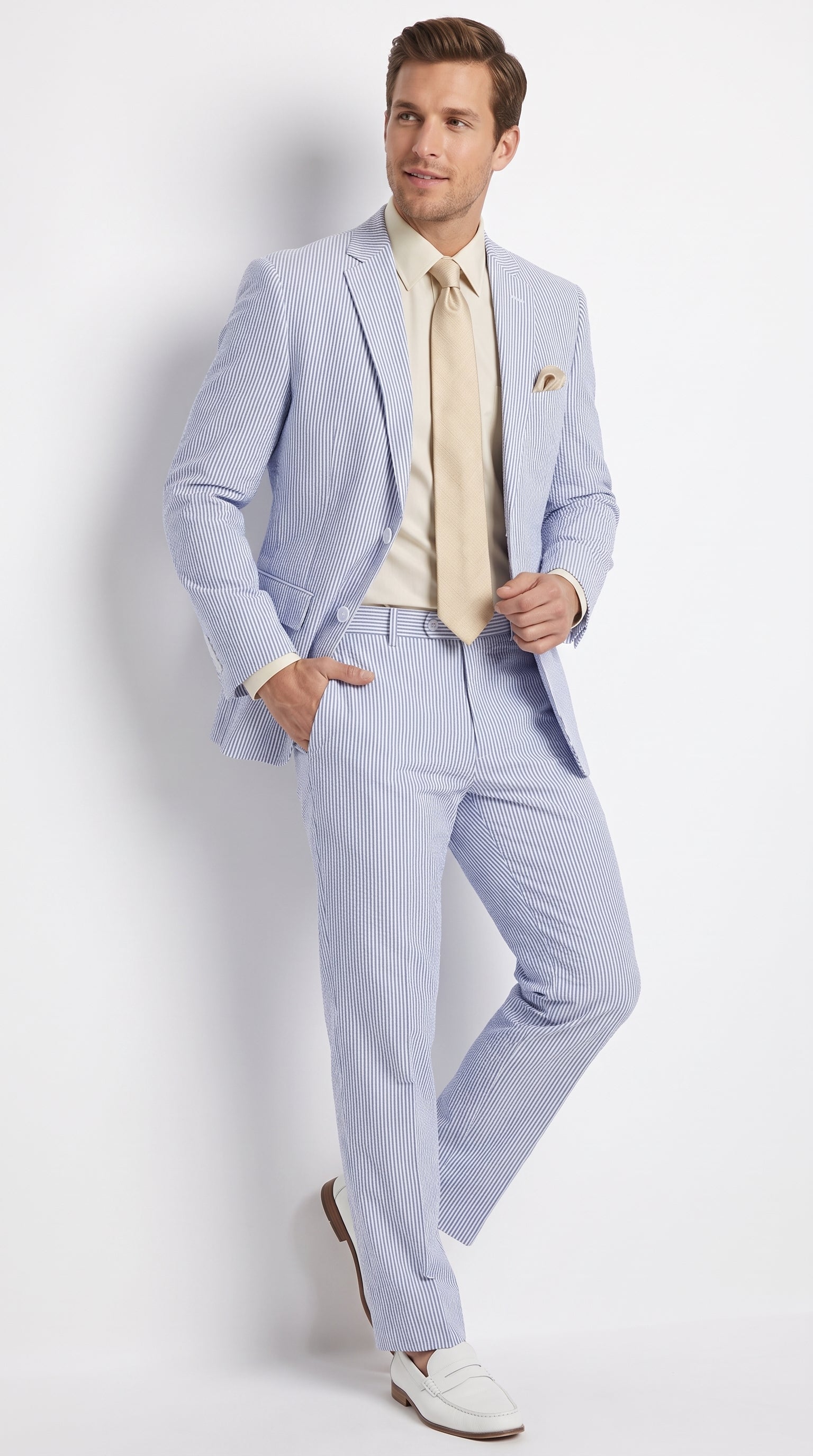 Men’s Navy Blue Pinstripe Seersucker 2 Piece Summer Suit, Lightweight Wedding and Beach Suit
