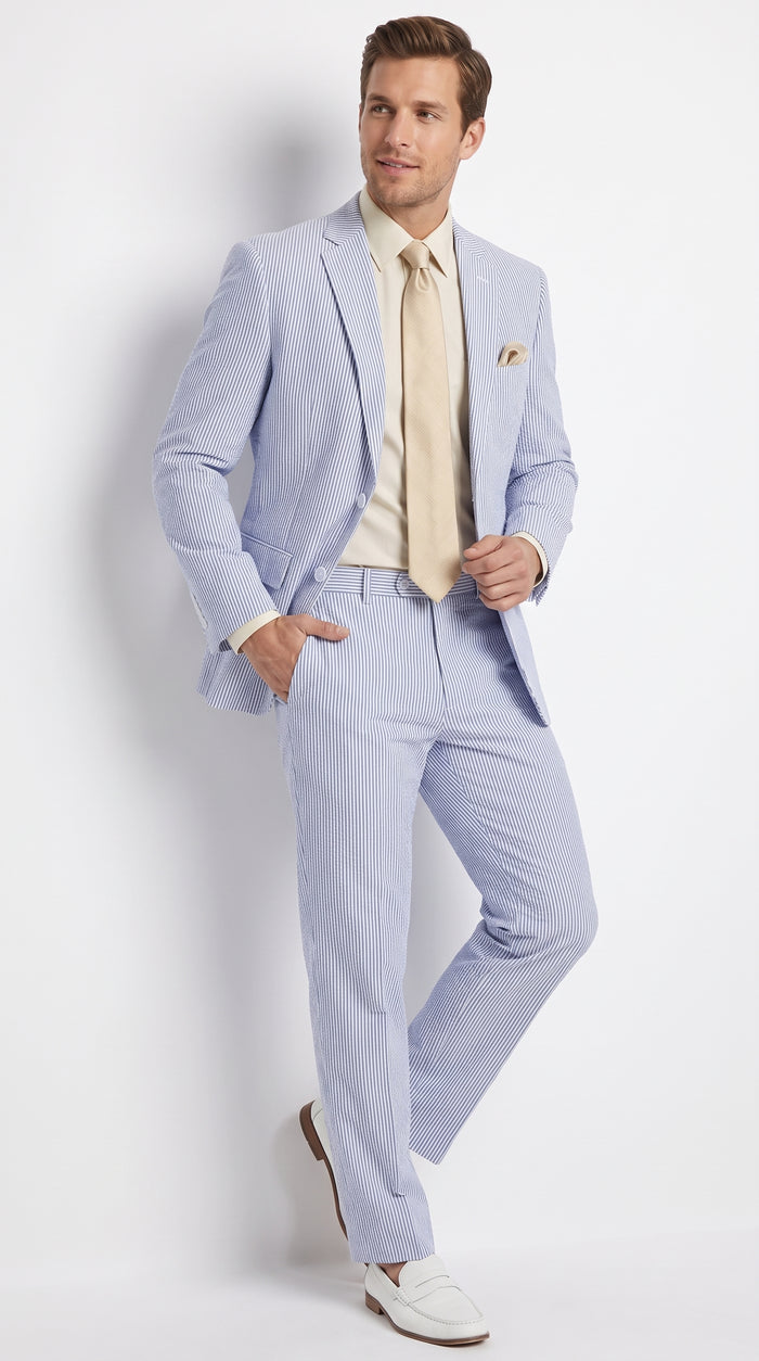 Men’s Navy Blue Pinstripe Seersucker 2 Piece Summer Suit, Lightweight Wedding and Beach Suit