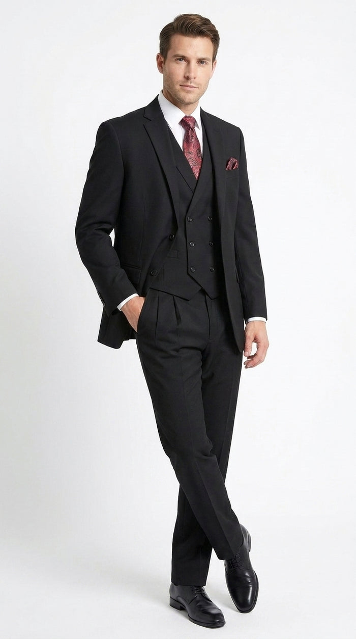 Men’s Black 2 Button Suit with Double Breasted Vest, Pleated Pant Formal Wedding Business Suit