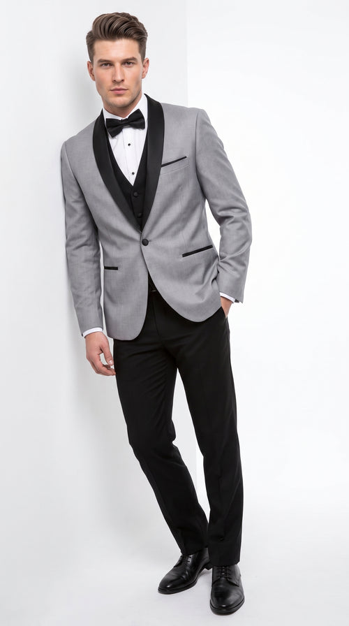 Men’s Grey and Black 3-Piece Prom Tuxedo – Vested Wedding Suit with Black Shawl Lapel