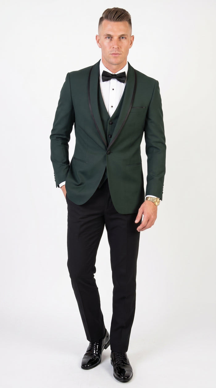 Men’s Hunter Green Shawl Lapel Tuxedo with Satin Trim, Formal Wedding Prom Dinner Suit