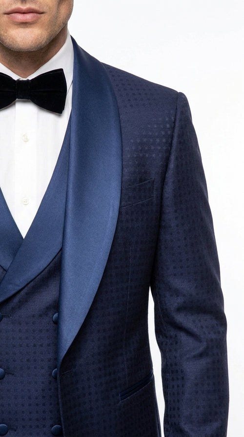 Men’s Navy Pinstripe Great Gatsby Tuxedo Suit, Shawl Collar Sateen Lapel Formal Wedding Prom Suit
